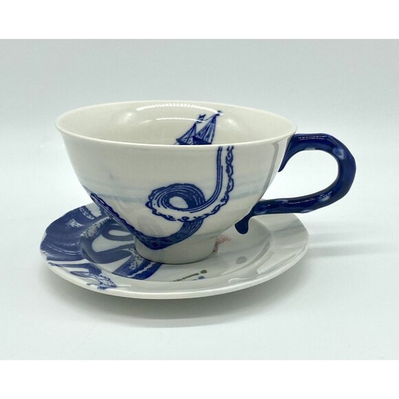 Anthropologie Nautical FROM THE DEEP Octopus Oversized Cup & Saucer Set 12 oz - Picture 1 of 8